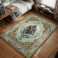 Faraam Knight in armor with fur collar surrounded by teal wind swirls medieval fantasy gaming area rug and floor mat