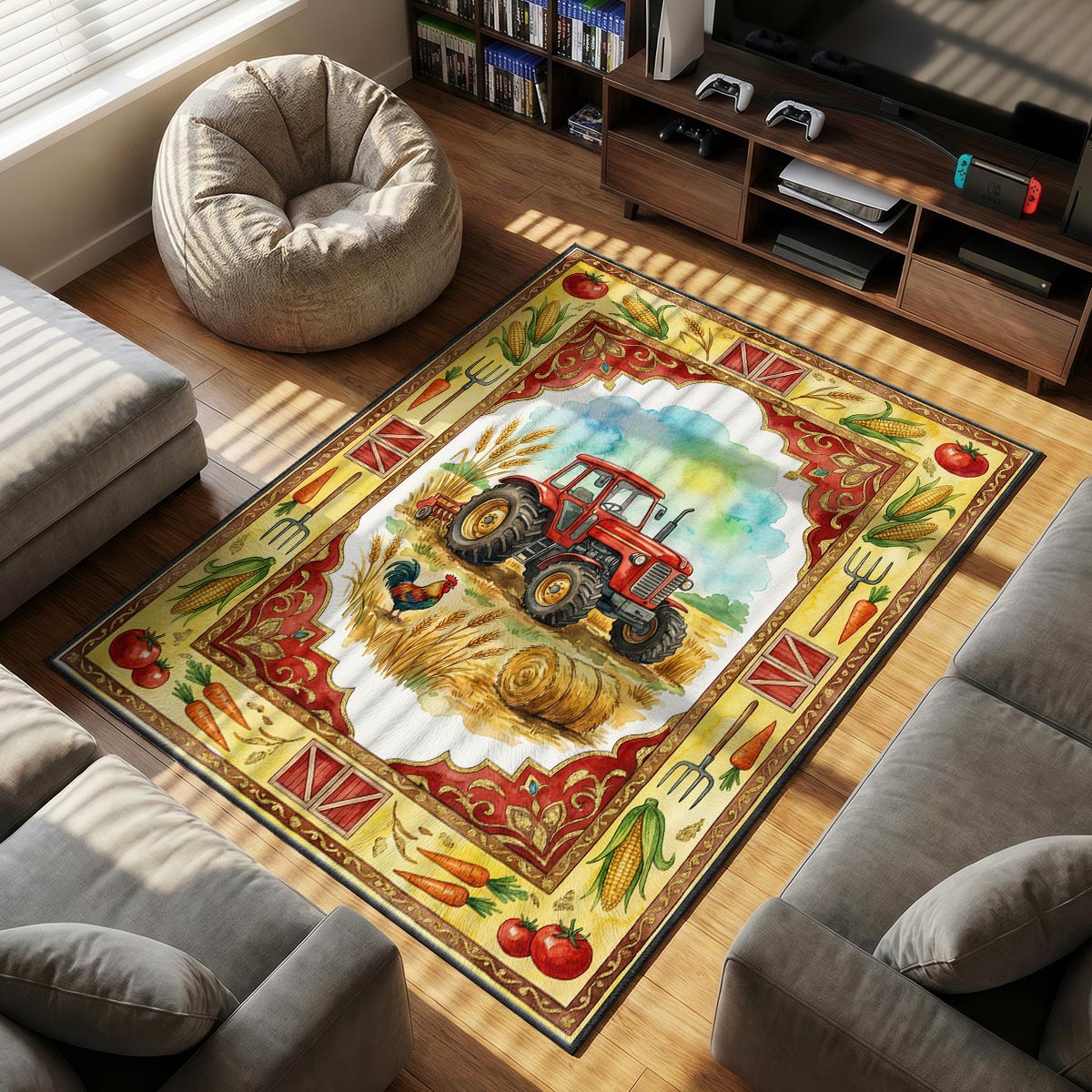 Farm Tractor Rug - Barnyard Kids Room Floor Mat