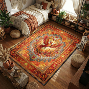 Fawkes the Phoenix rising from flames in an ornate vintage tapestry art style movie themed area rug and home theater mat