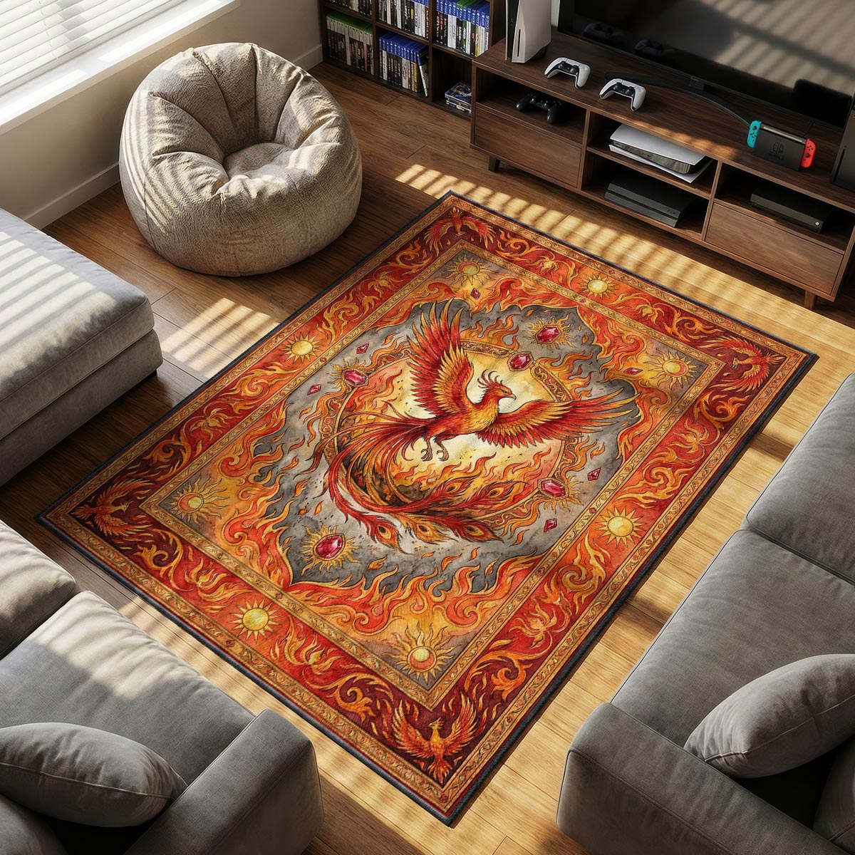 Fawkes Phoenix themed area rug for home decor fans