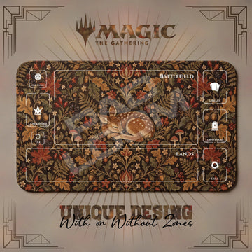 Fawn Tapestry MTG playmat, brown and orange art with play zones, 24 x 14 in