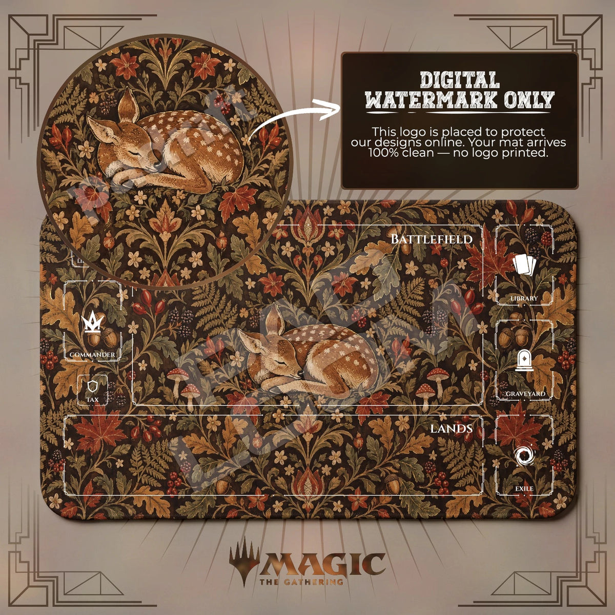 Fawn Tapestry MTG playmat with zones; the Padloom watermark is digital only, not printed