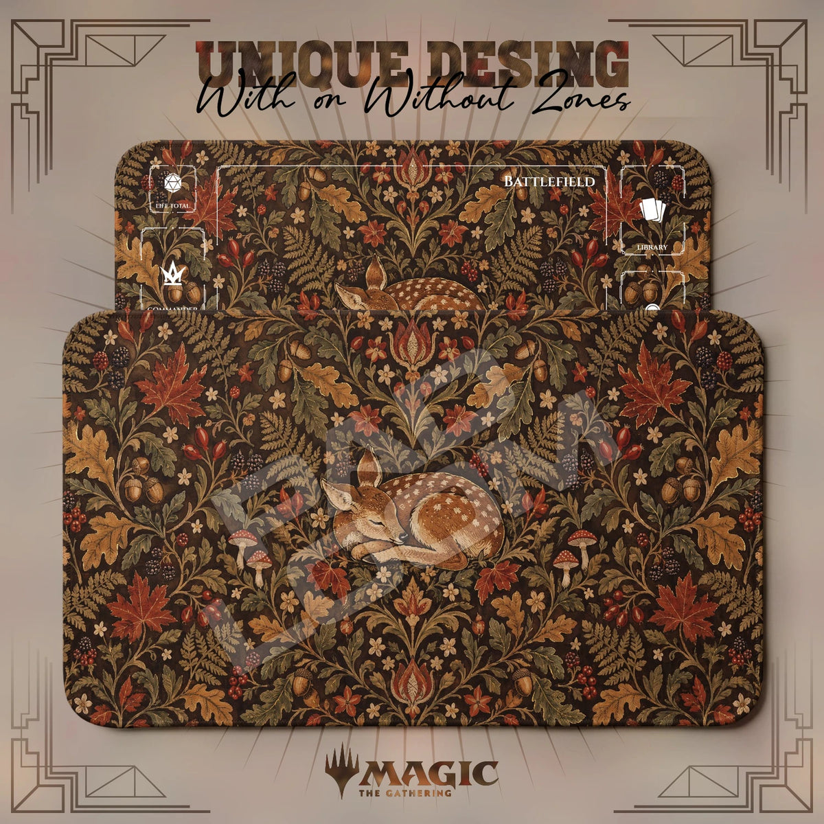 Fawn Tapestry MTG playmat shown with zones and without zones