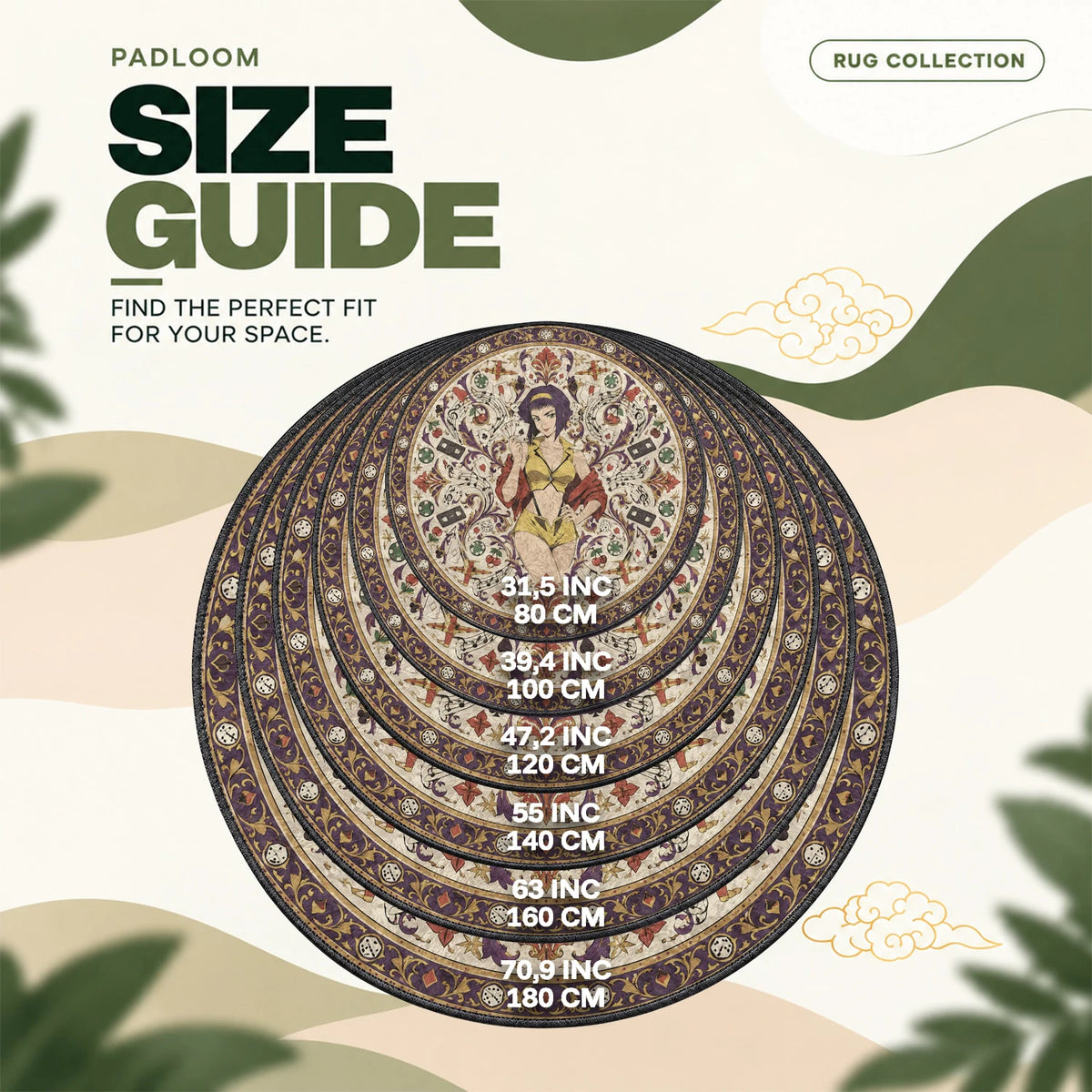 Faye Bluffing round rug size guide, 80 to 180 cm (31.5 to 70.9 in)