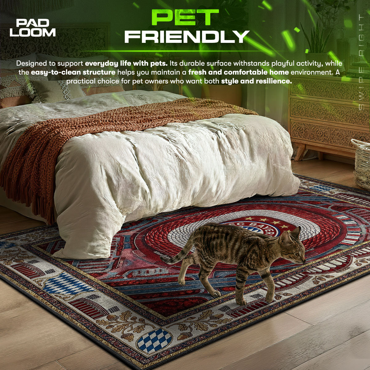 Detailed close-up of FC rug pattern