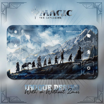 Fellowship Frost MTG playmat, blue and gray art with play zones, 24 x 14 in