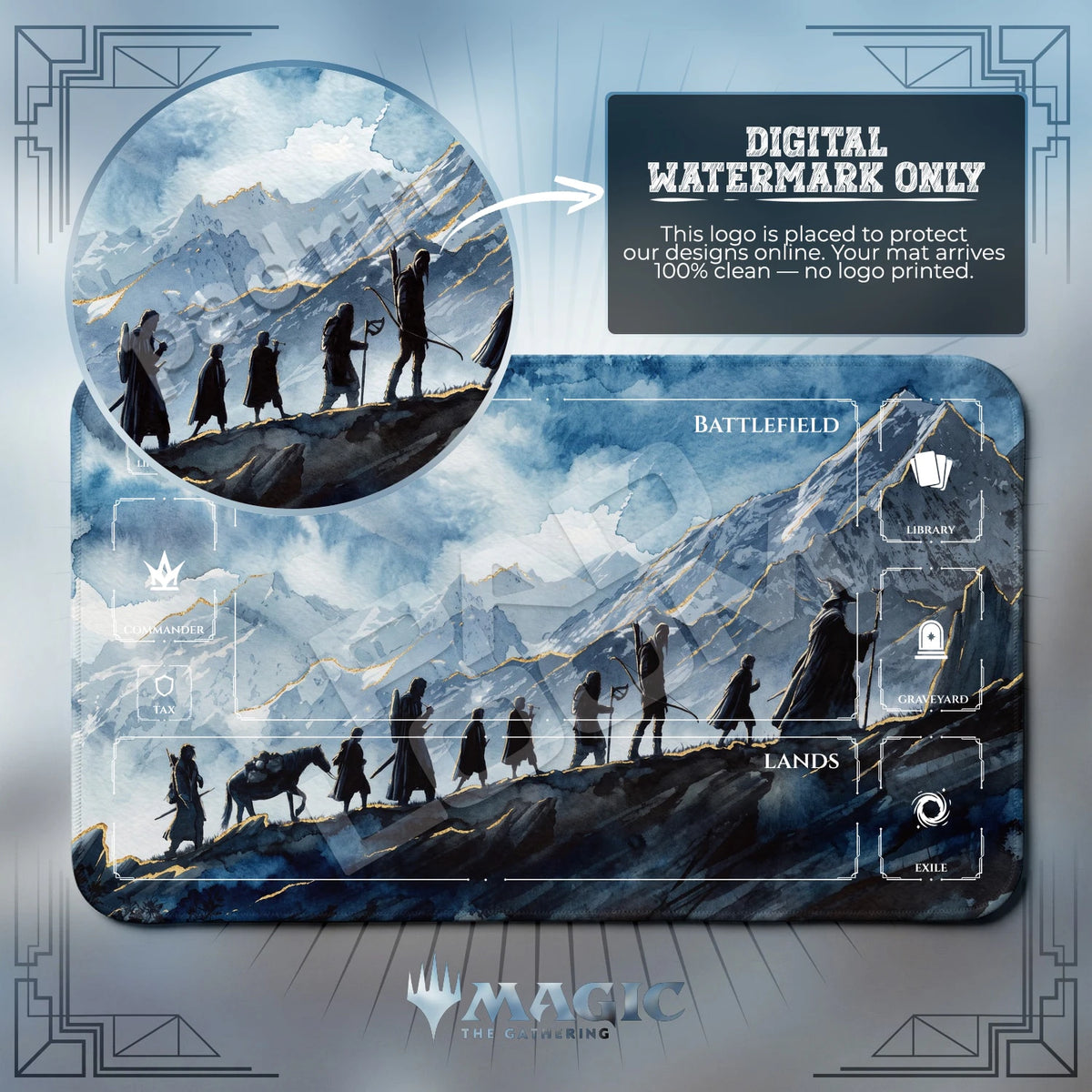 Fellowship Frost MTG playmat with zones; the Padloom watermark is digital only, not printed