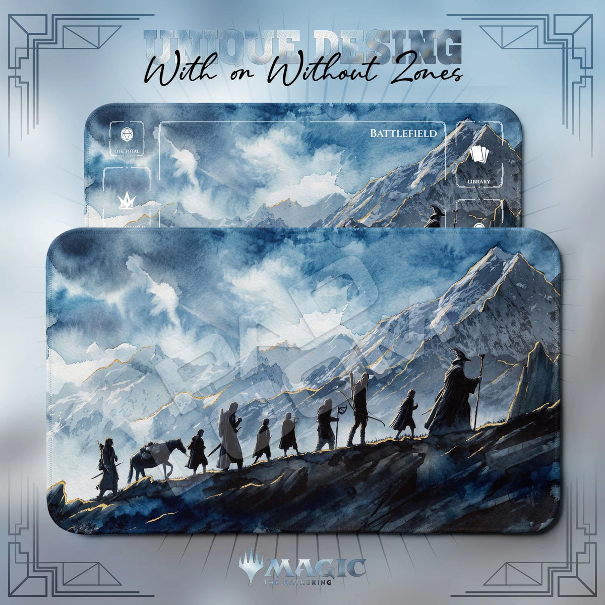 Fellowship Frost MTG playmat shown with zones and without zones