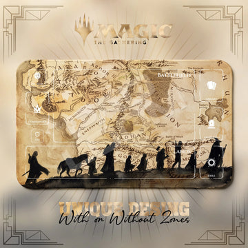 Fellowship Map MTG playmat, beige and orange art with play zones, 24 x 14 in