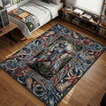 Stained glass art style rug featuring the Female Titan Annie Leonhart from Attack on Titan in a martial arts stance surrounded by crystals and bandages.