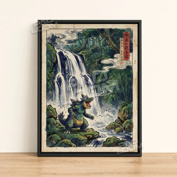 Feraligatr Waterfall Pokemon poster - framed canvas wall art in a black frame