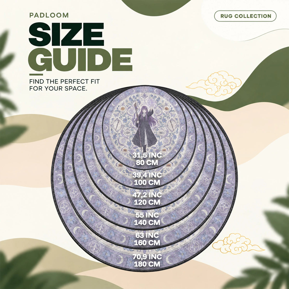 Fern Casting round rug size guide, 80 to 180 cm (31.5 to 70.9 in)