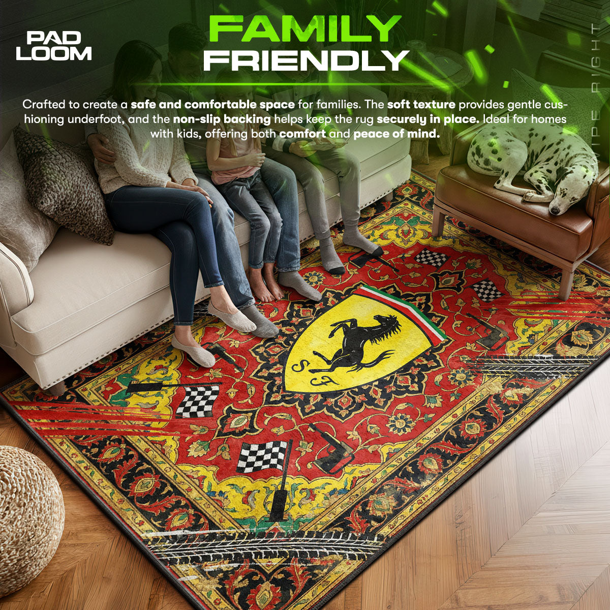 Ferrari area rug showing full home decor artwork