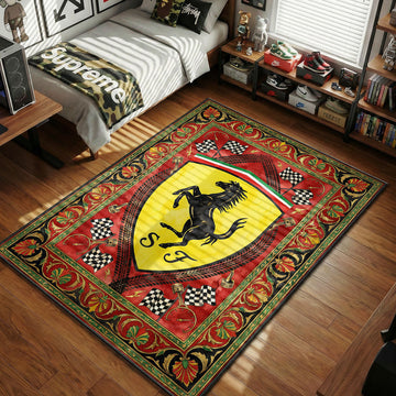 Ferrari Scuderia shield logo prancing horse Italian tricolor flag pistons checkered flags red gold hypebeast area rug