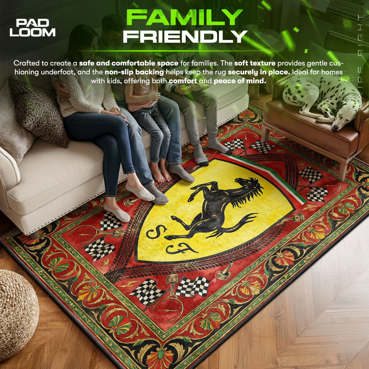 Ferrari area rug showing full home decor artwork