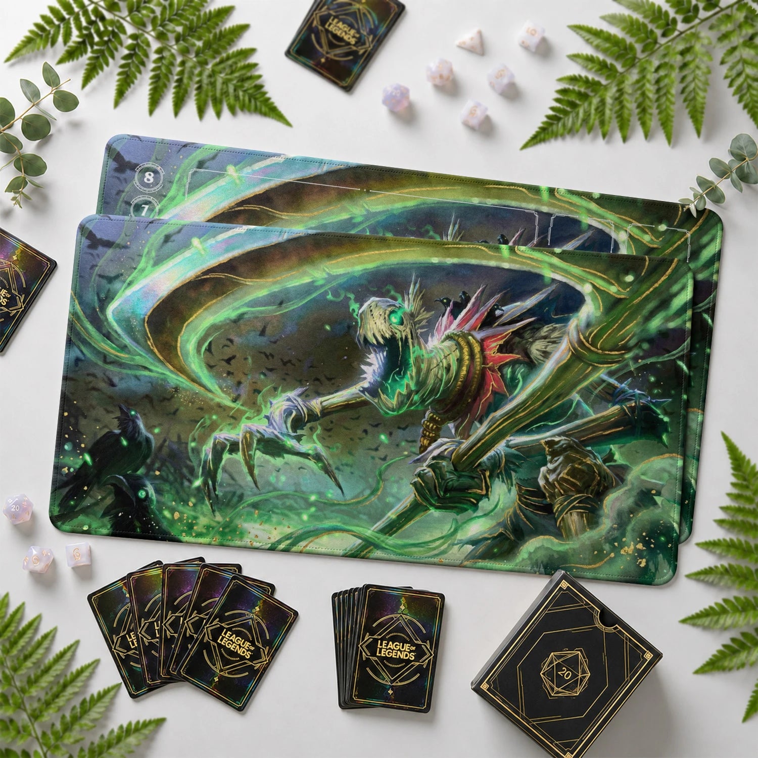 Fiddlesticks Harvest Riftbound TCG playmat with card zones and score track – LoL game mat