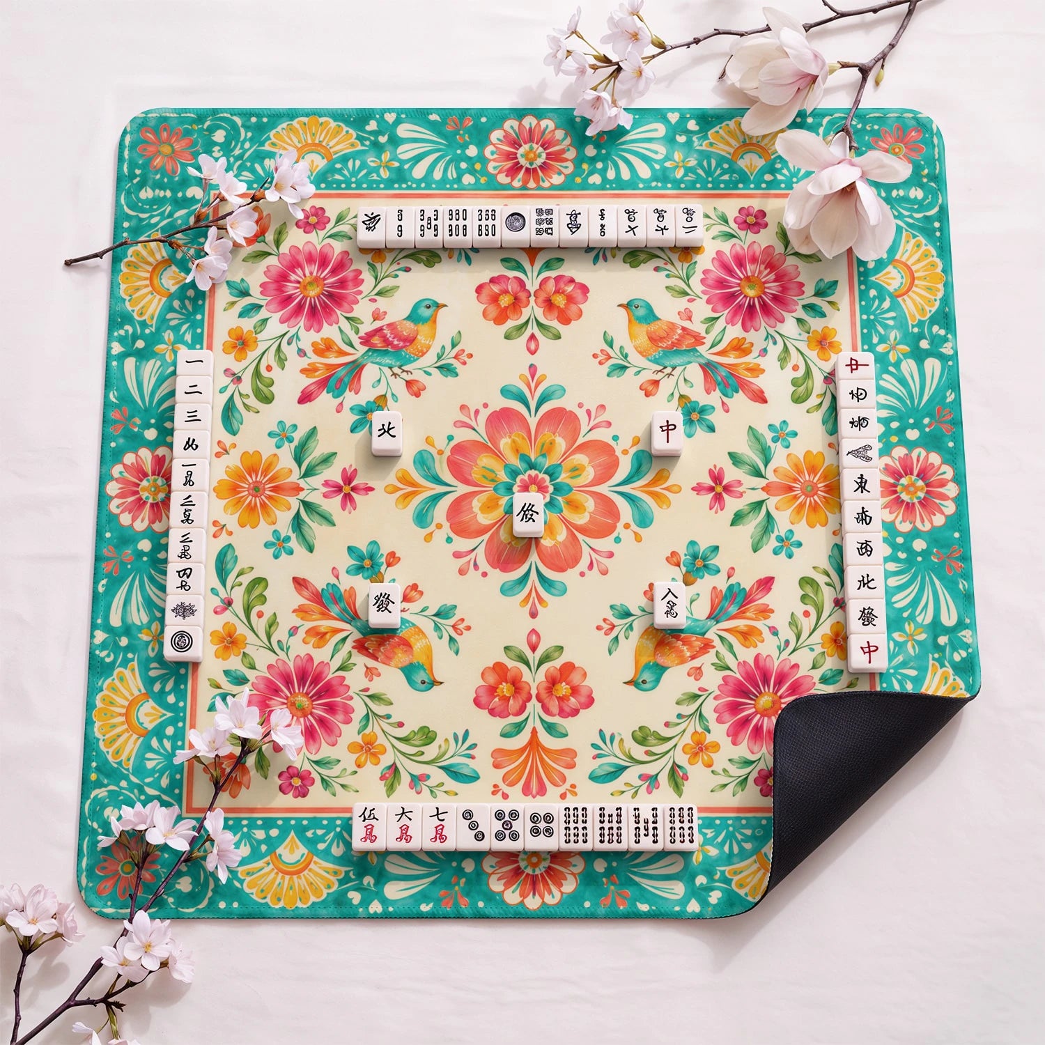 Fiesta Bird design close-up on mahjong mat surface