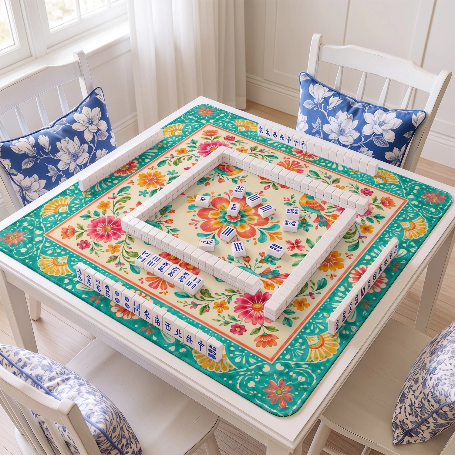 Fiesta Bird mahjong mat with tiles and racks on the table