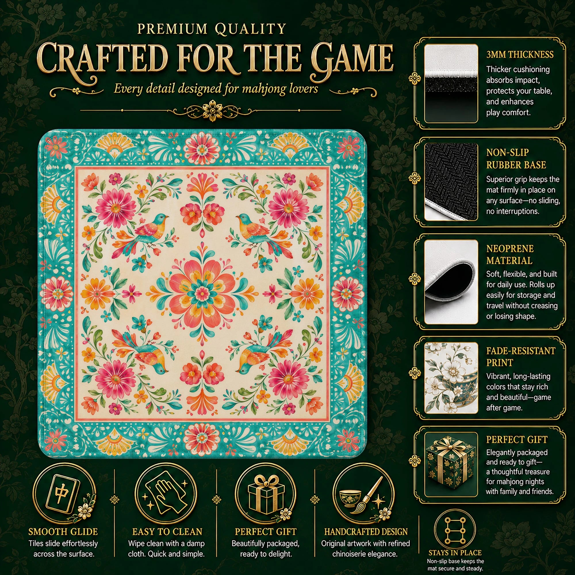 Fiesta Bird Mahjong Mat – neoprene mah jongg table mat