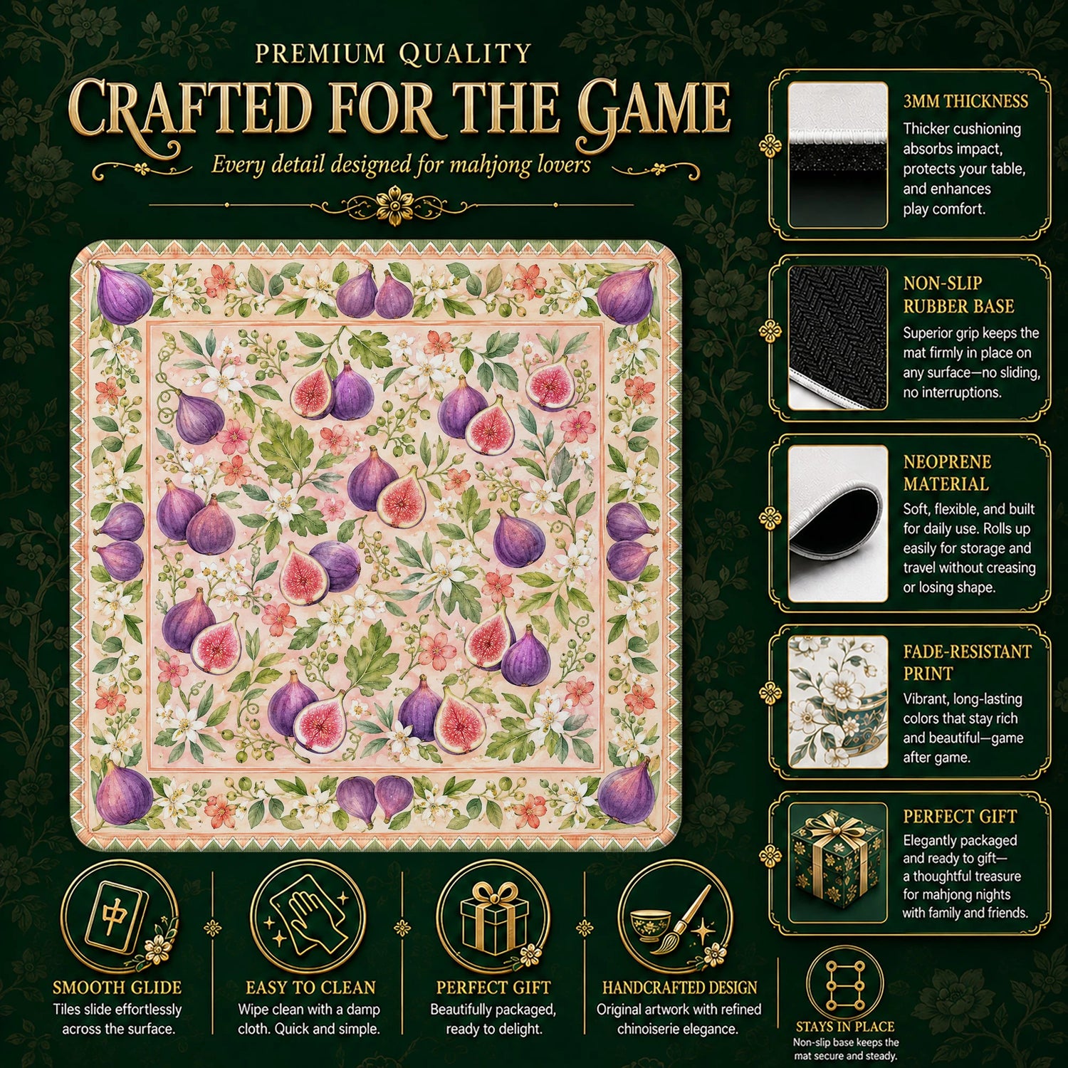 Fig Blossom Mahjong Mat – neoprene mah jongg table mat