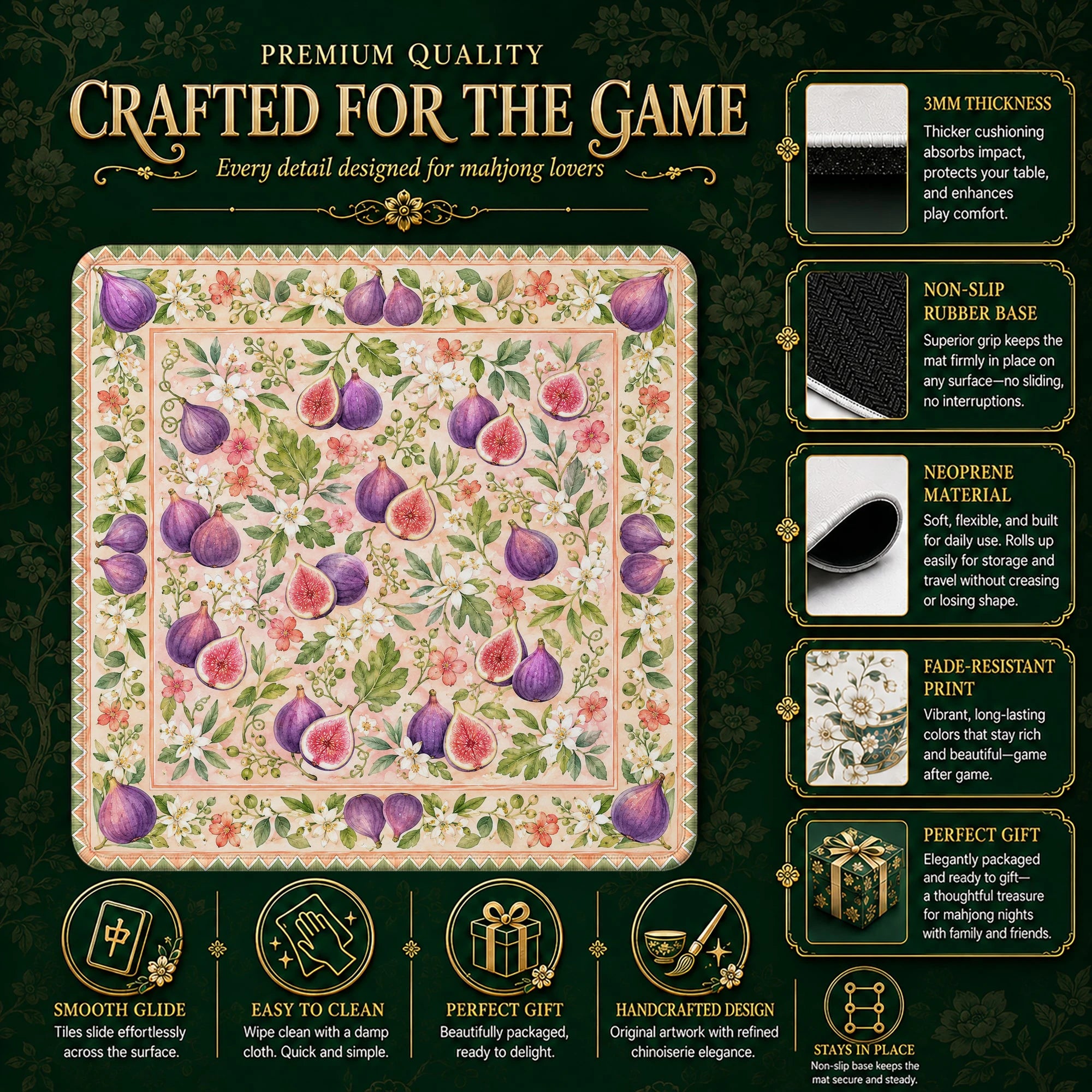 Fig Blossom Mahjong Mat – neoprene mah jongg table mat