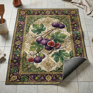 Ripe purple figs on a branch kitchen mat with lobed leaves on purple-green ornamental border