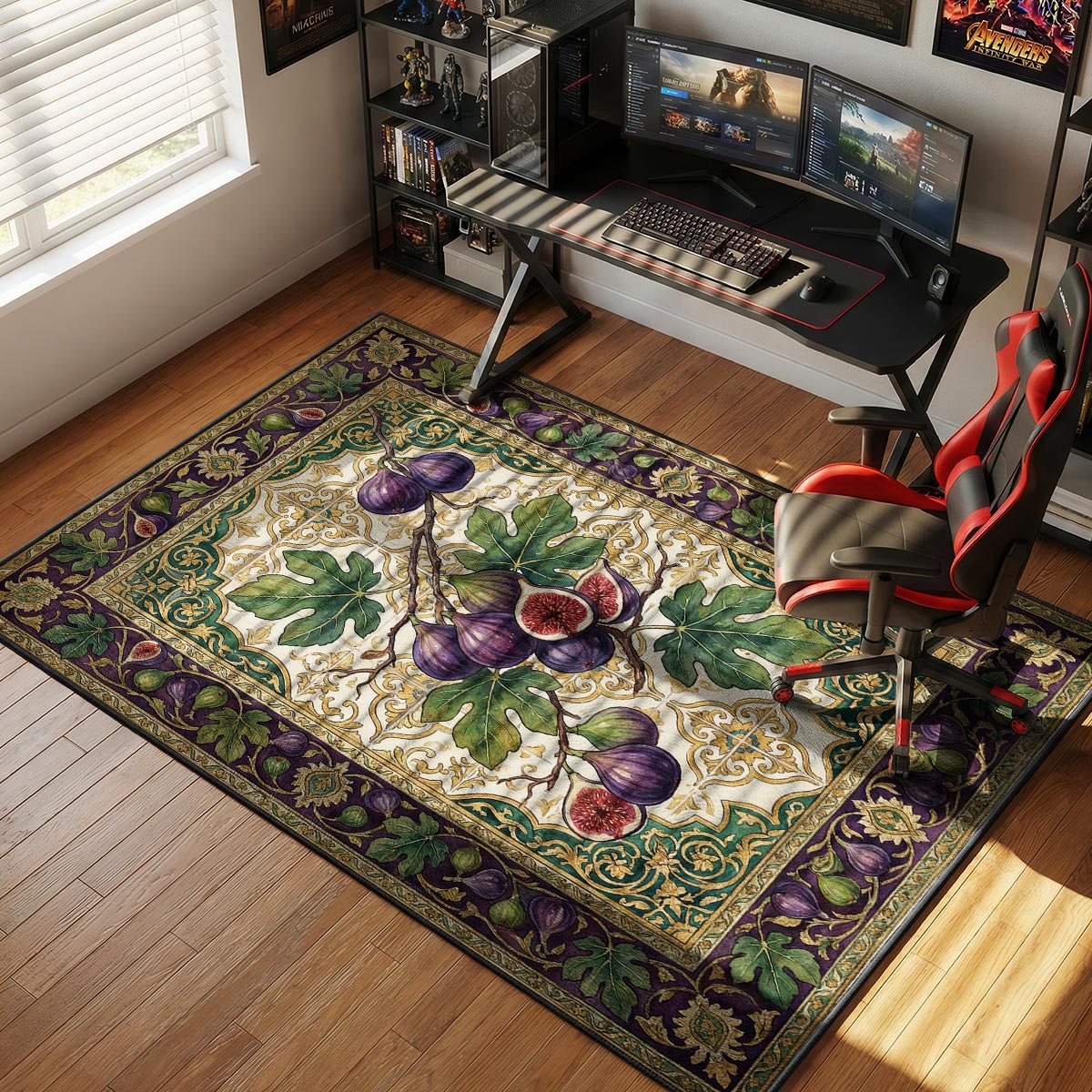 Fig branch kitchen rug on warm stone floor near a cheese board and honey jar