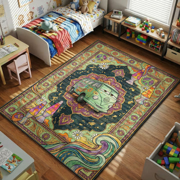 Fillmore VW van Cars kids area rug with lava lamps and peace signs on green purple tapestry