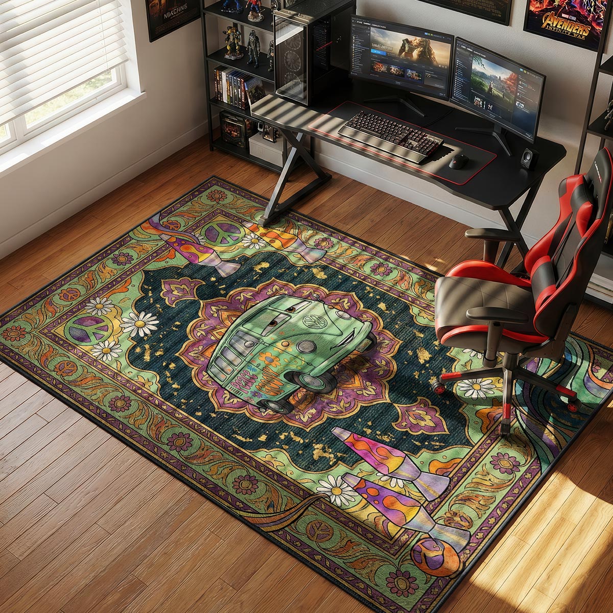 Fillmore groovy rug placed in a retro-themed kids room with colorful wall art and bean bag