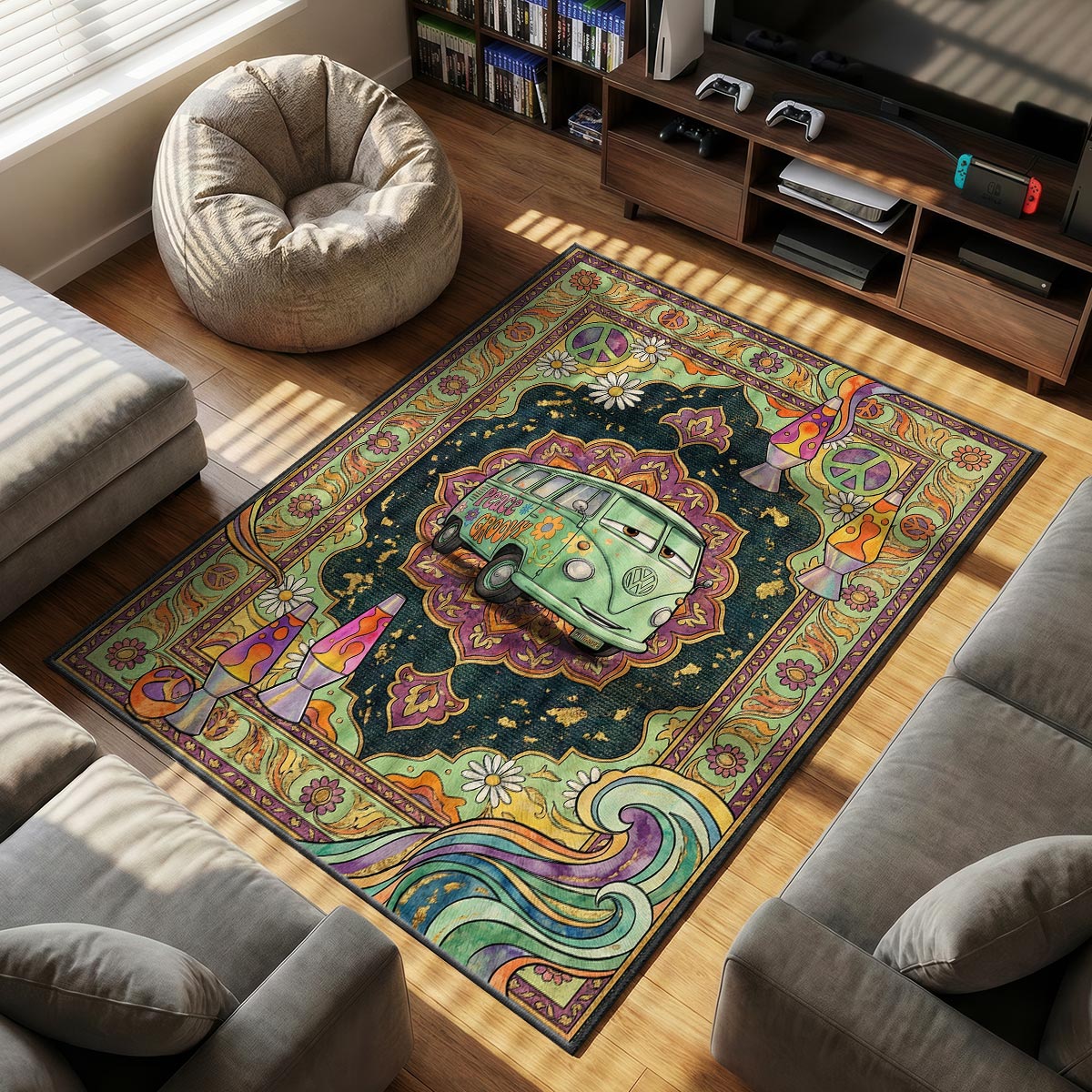 Close-up of Fillmore area rug showing lava lamp corner detail and green purple velvet texture