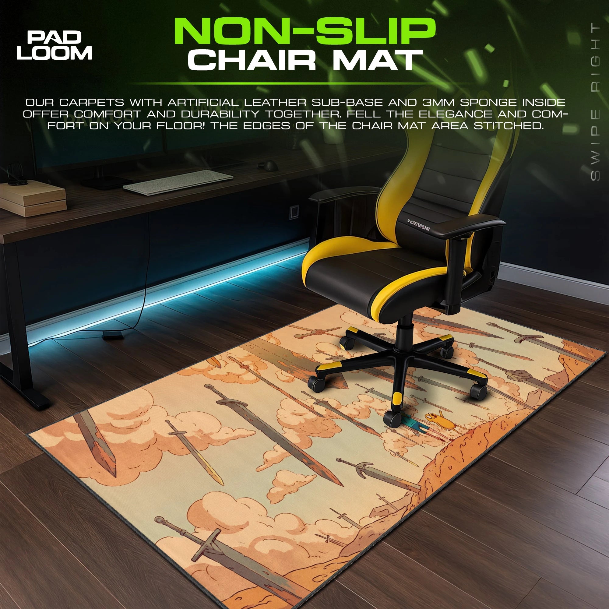 Finn and Jake Sword Sky – stitched-edge, non-slip mouse pad detail