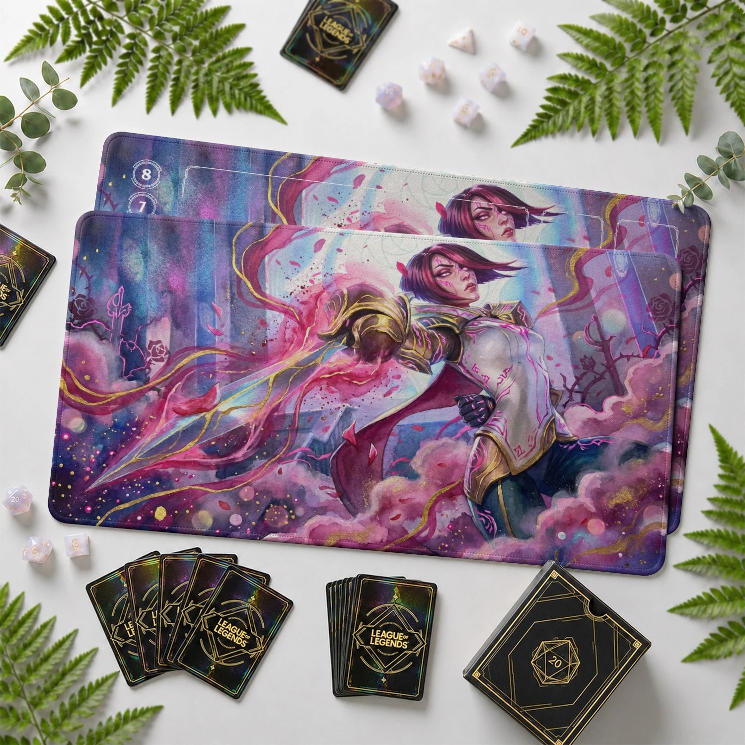 Fiora Bloom Riftbound TCG playmat with card zones and score track – LoL game mat