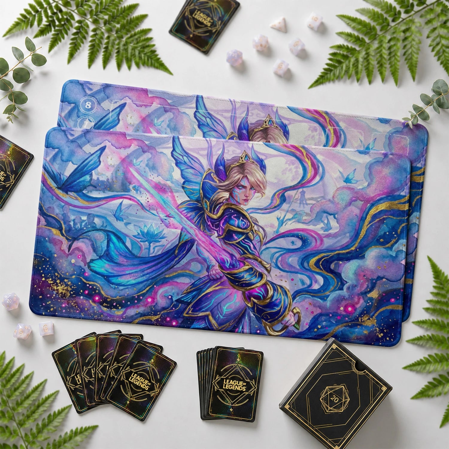 Fiora Fae Riftbound TCG playmat with card zones and score track – LoL game mat