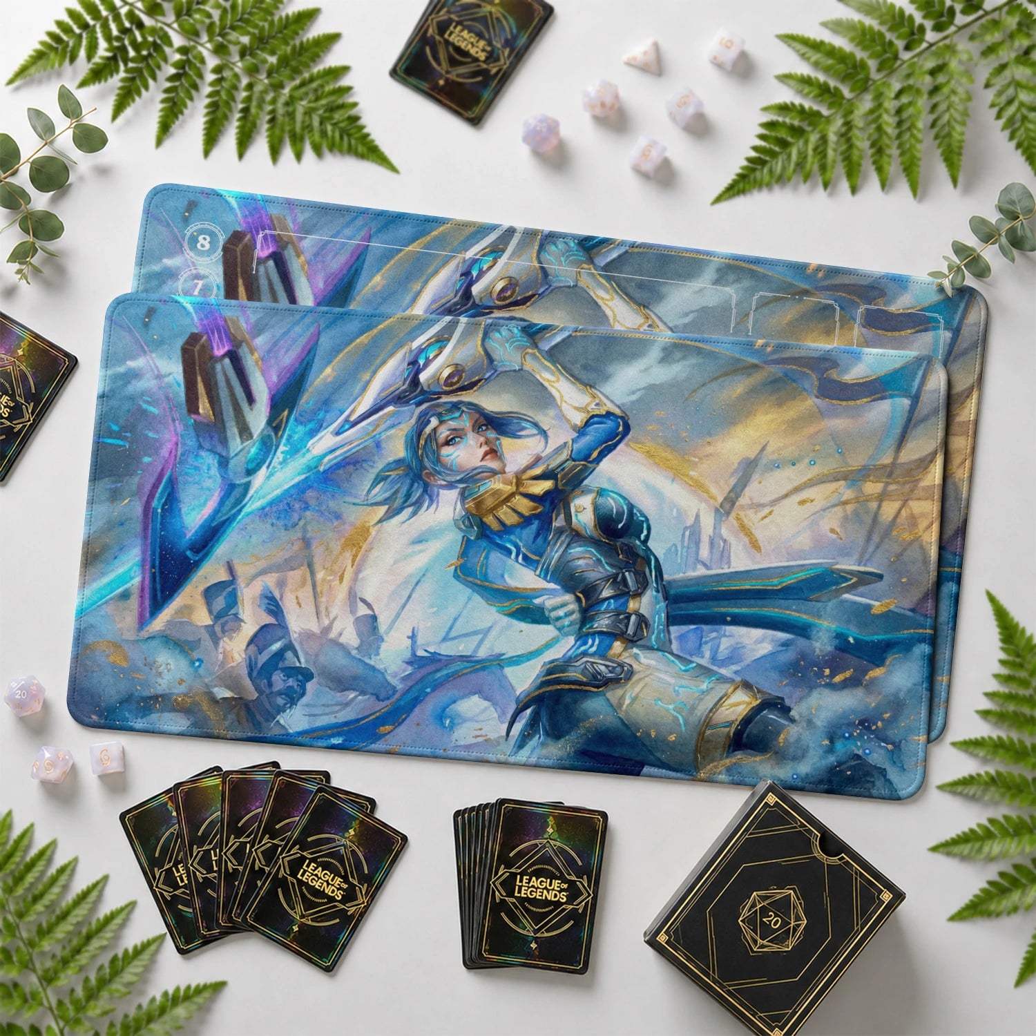 Fiora Frost Riftbound TCG playmat with card zones and score track – LoL game mat