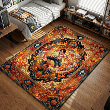 Portgas D. Ace unleashing swirling flames and Mera Mera no Mi patterns on an ornate orange and red Persian style area rug and floor mat