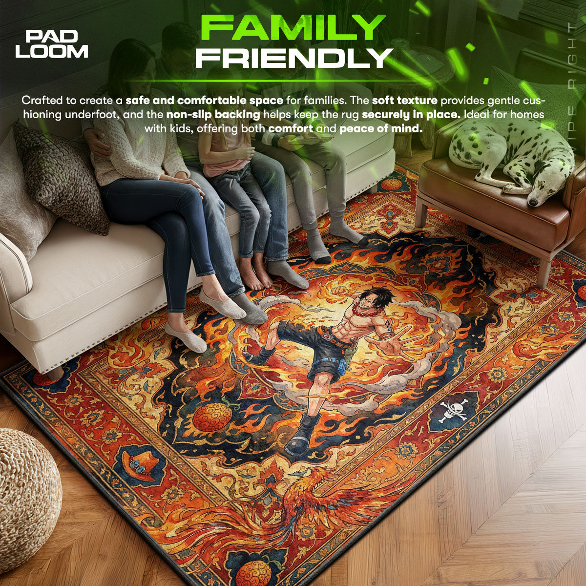 Fire area rug showing full home decor artwork
