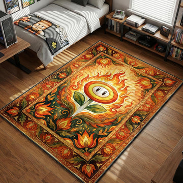 Fire Flower emitting radiant flames in ornate orange and red floral tapestry style gaming area rug and floor mat