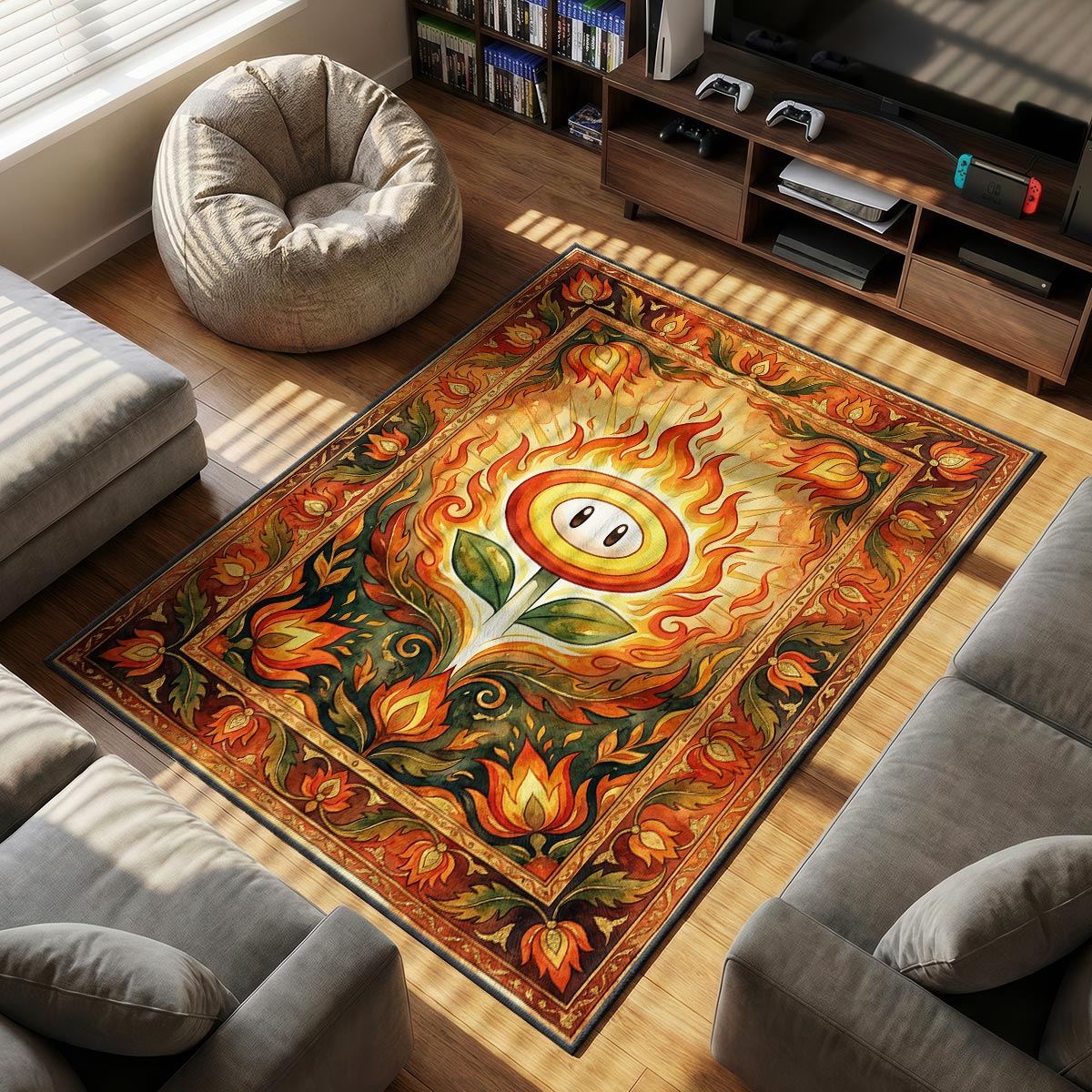 Fire Flower themed area rug for home decor fans