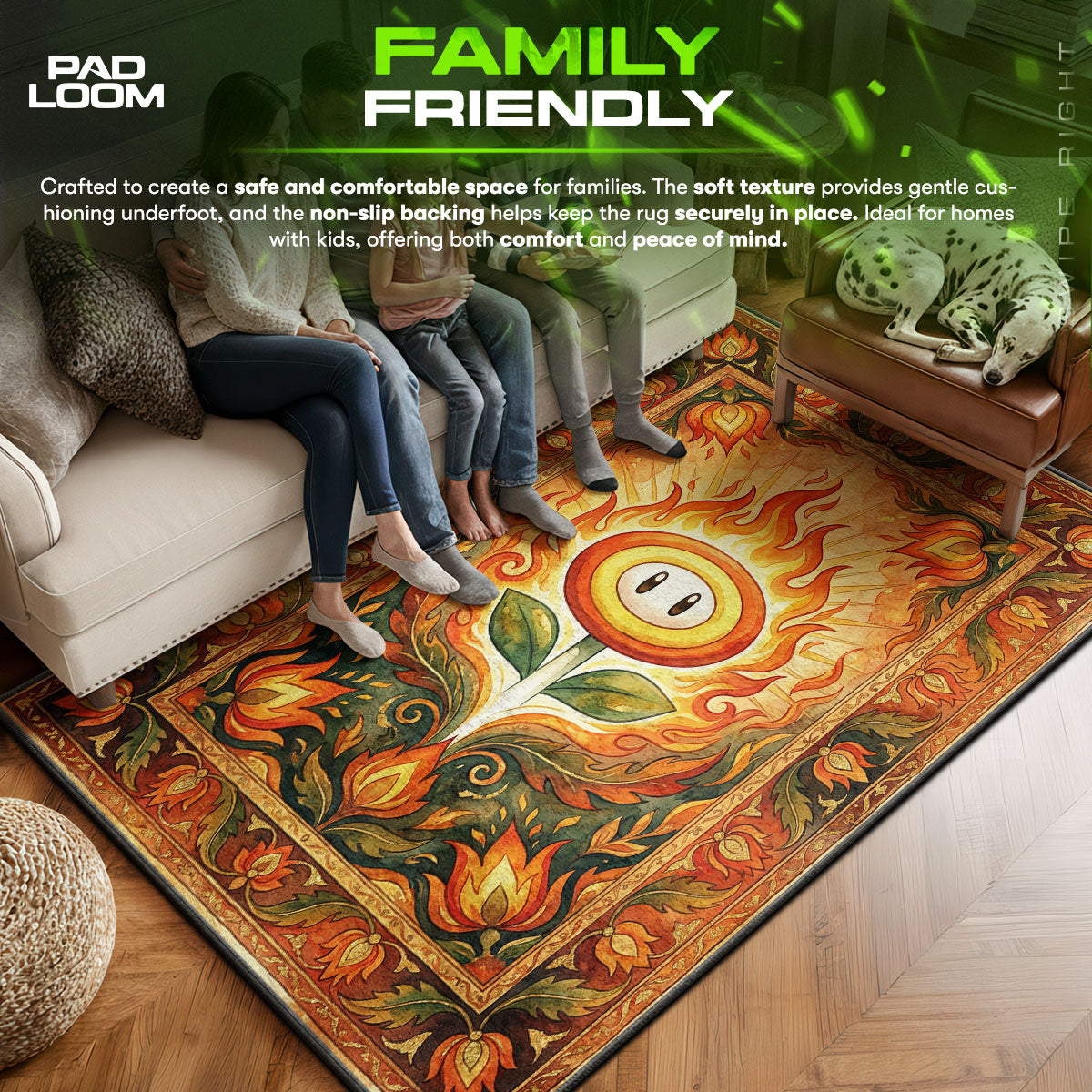Fire area rug showing full home decor artwork