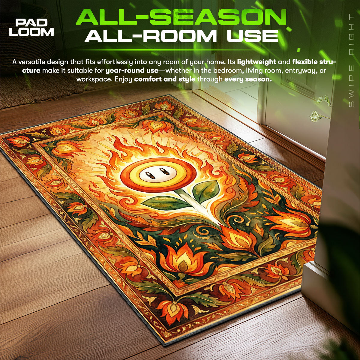 Fire Flower Royal Flame Super Mario Chair fan rug — premium quality print