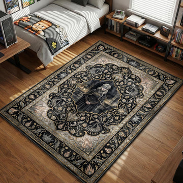 Fire Keeper from Dark Souls 3 standing with folded hands surrounded by spiral stairs and crowns gothic tapestry style gaming area rug and floor mat