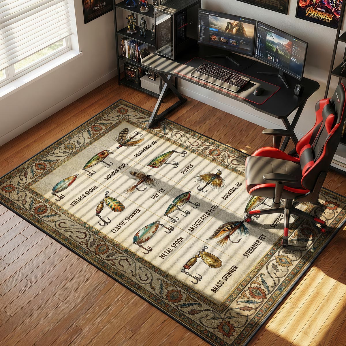 Fishing lures kitchen rug placed on rustic stone floor near a wooden cabin-style counter