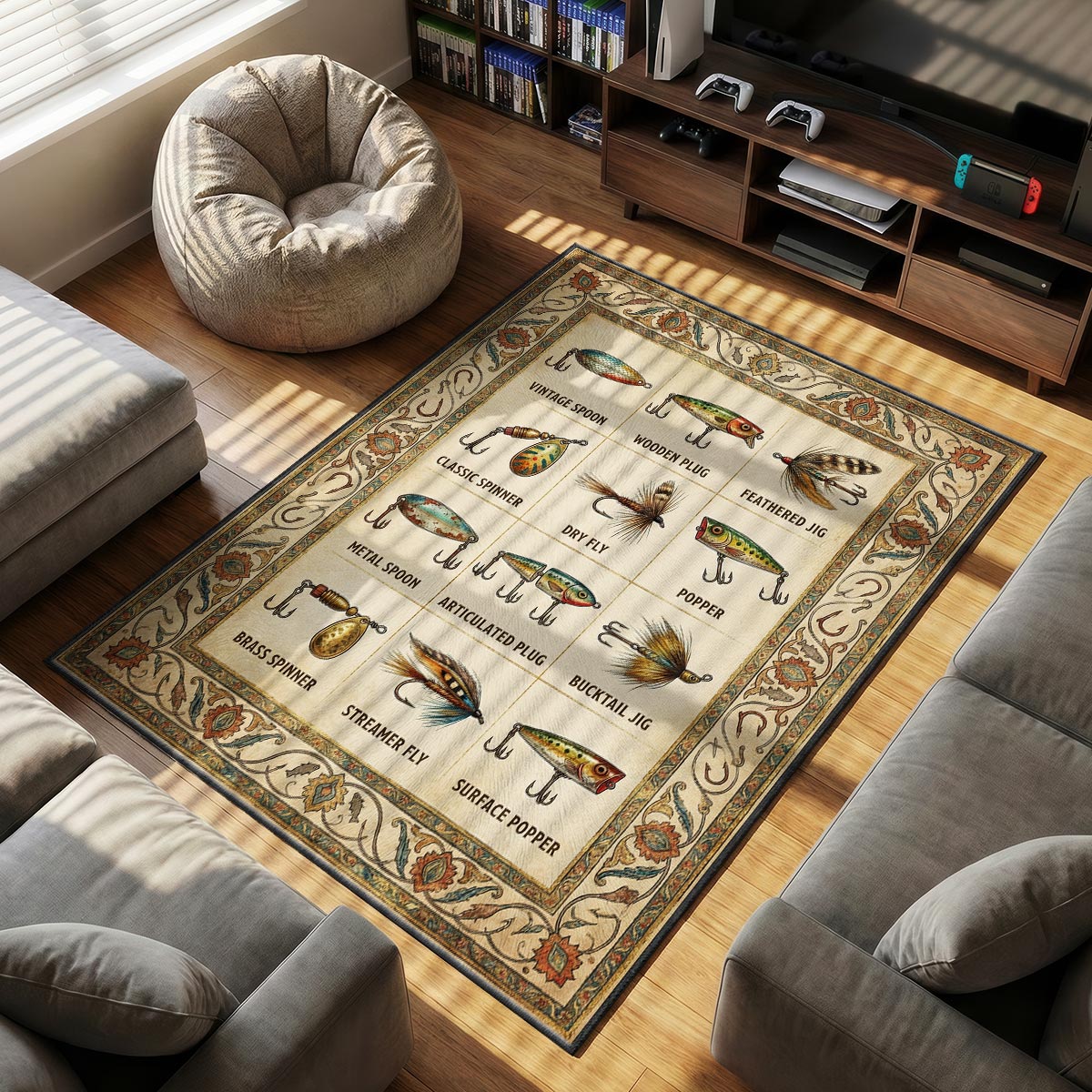 Close-up of fishing lure mat showing detailed feathered jig illustration and dye-sublimation color