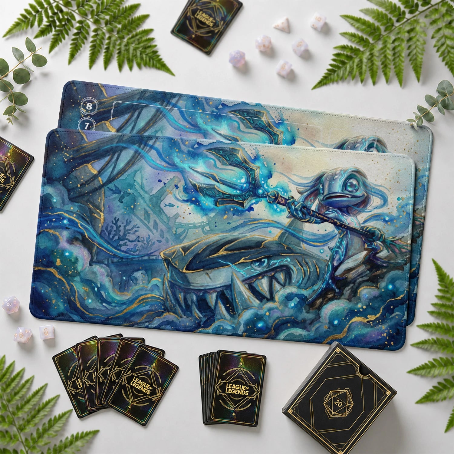 Fizz Tidal Riftbound TCG playmat with card zones and score track – LoL game mat
