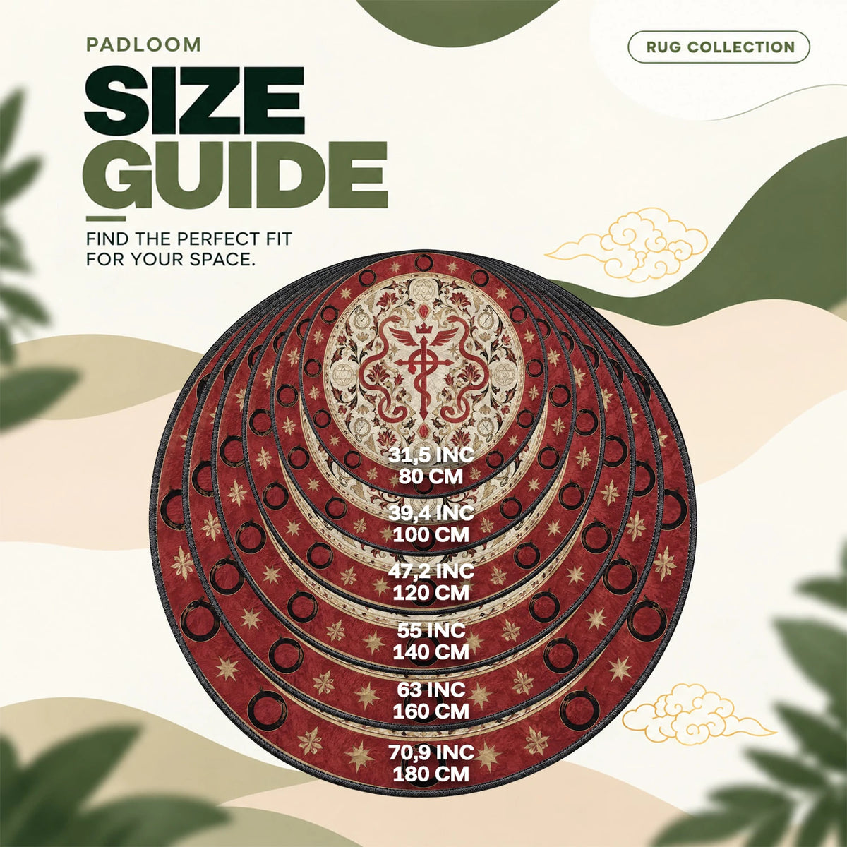 Flamel Ouroboros round rug size guide, 80 to 180 cm (31.5 to 70.9 in)