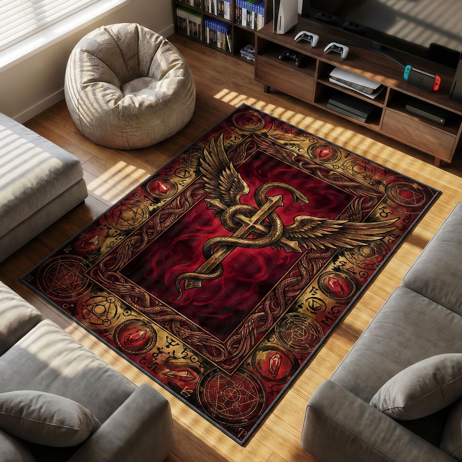 Flamel Symbol themed area rug for home decor fans