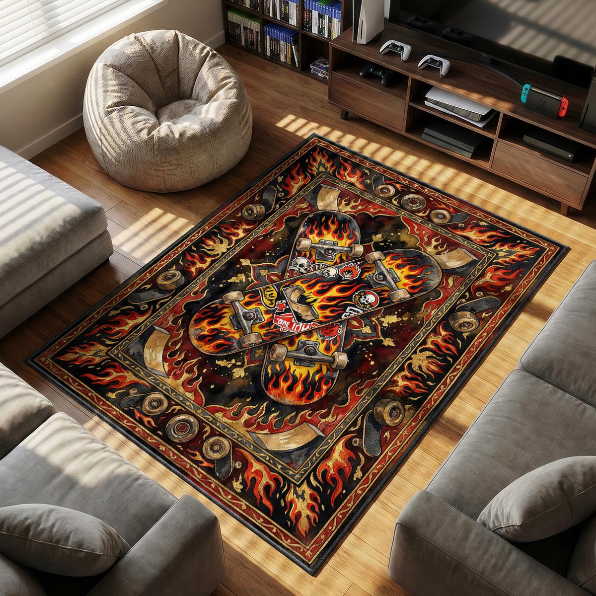 Flaming Skateboard themed area rug for Gothic fans