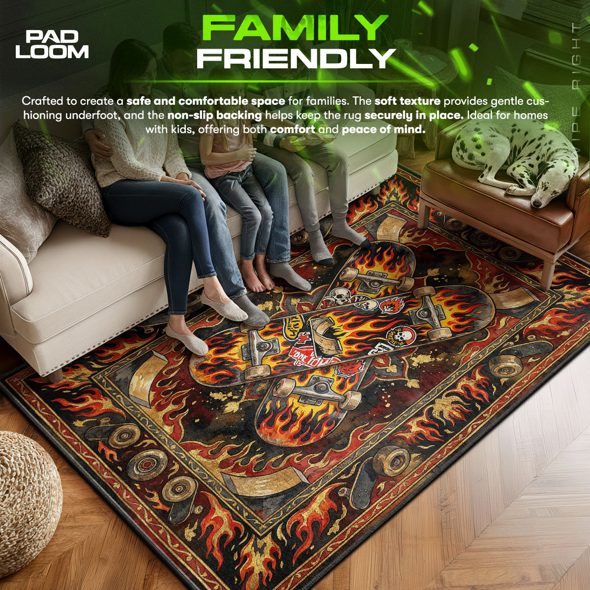 Flaming area rug showing full Gothic artwork