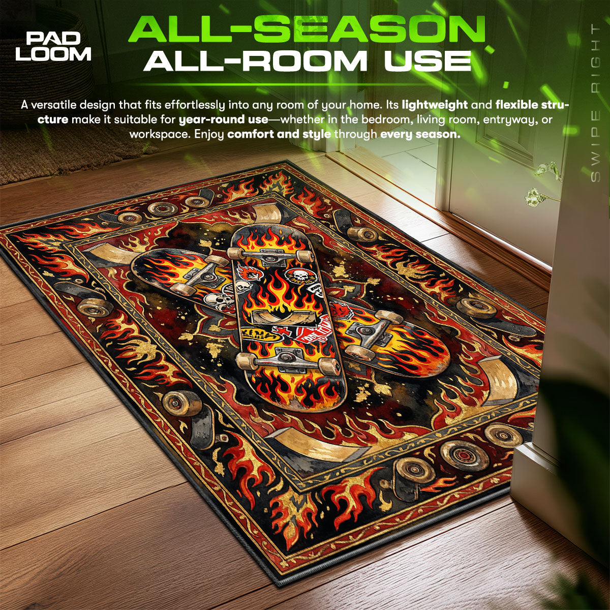 Flaming Skateboard Fire Streetwear Floor fan rug — premium quality print