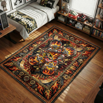 Flaming Skateboard Gothic Fire Rug - Streetwear Floor Mat